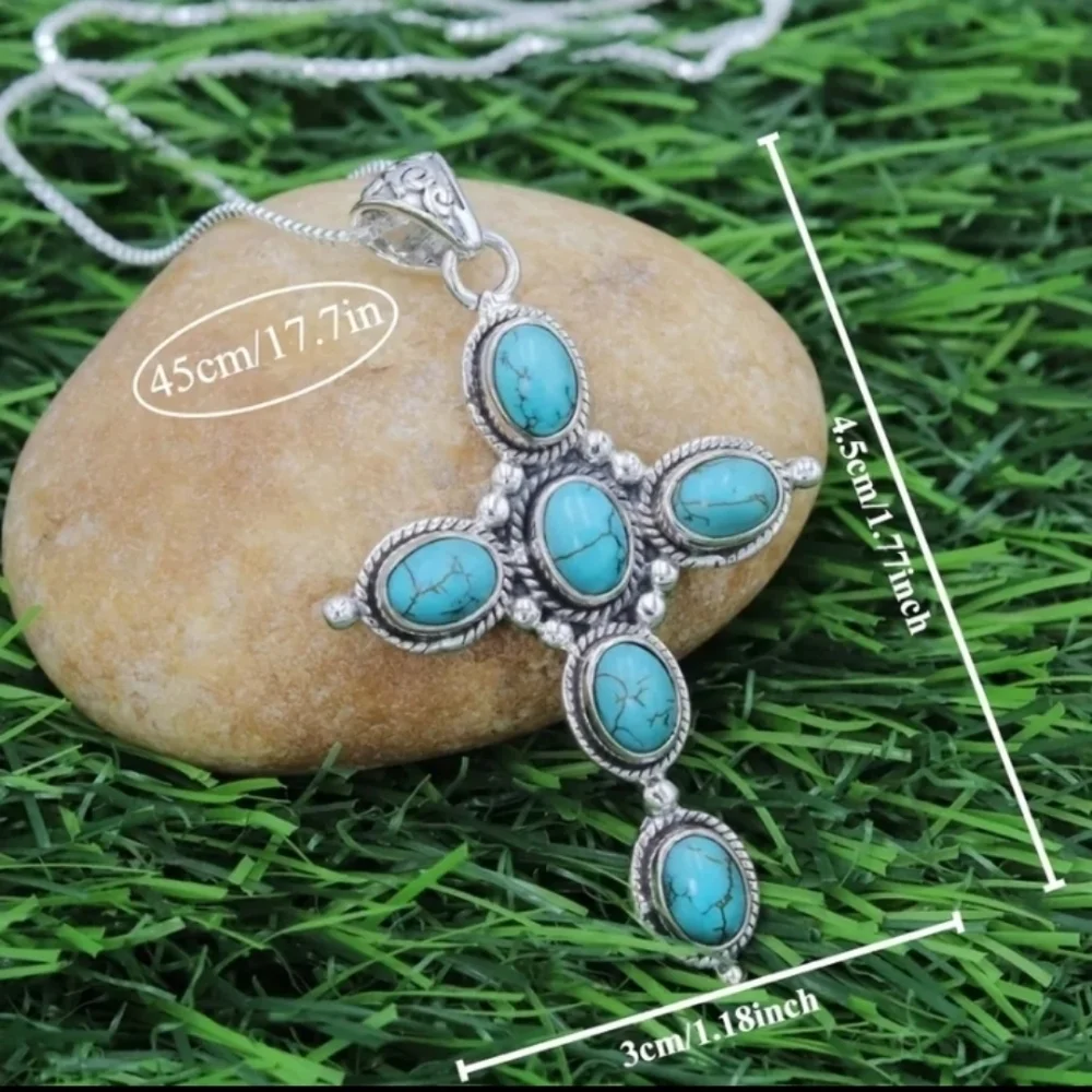Silvertone Turquoise Cross Pendant Necklace